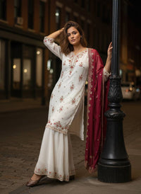 Trending & elegant embroidered kurti & flared palazzo suit in white-maroon & black-pink color combo