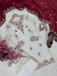 Trending & elegant embroidered kurti & flared palazzo suit in white-maroon & black-pink color combo
