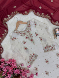 Trending & elegant embroidered kurti & flared palazzo suit in white-maroon & black-pink color combo