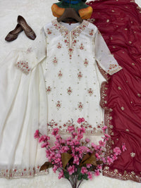 Trending & elegant embroidered kurti & flared palazzo suit in white-maroon & black-pink color combo