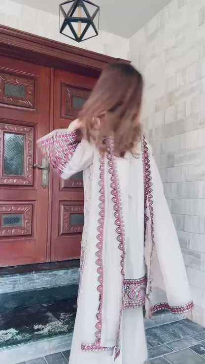 Roman Silk Cotton Kurti-Palazzo Set with Zari, Thread & Sequins Embroidery