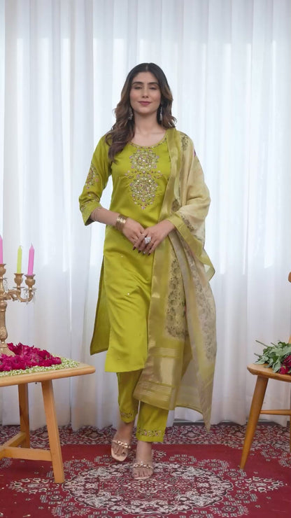 Elegant Straight Kurti Pant Dupatta Set - Viscose Silk with Hand Embroidery - FFdiva 111