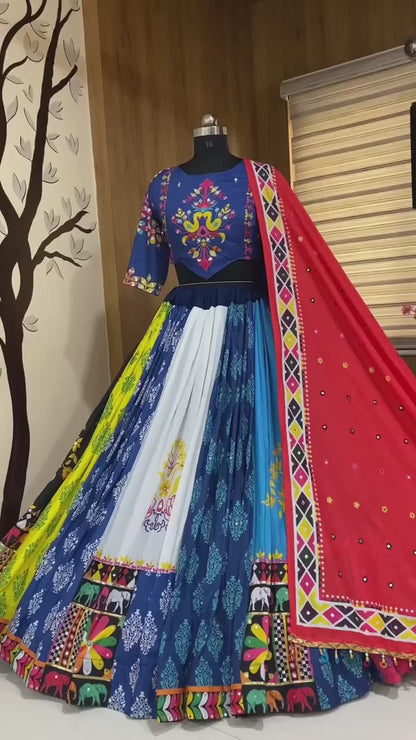 Navratri special Heavy Muslin Cotton Lehenga with Digital Print & Real Mirror Work - ALC 086