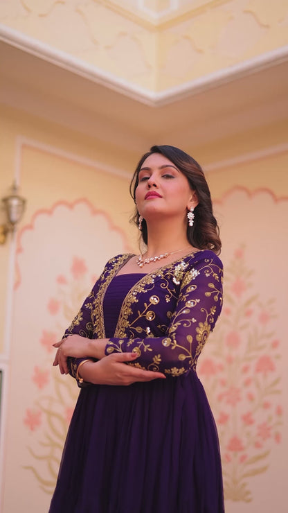 Premium Readymade Gown with Sequins & Zari Embroidery - 12 Meter Flair - FFlw9237