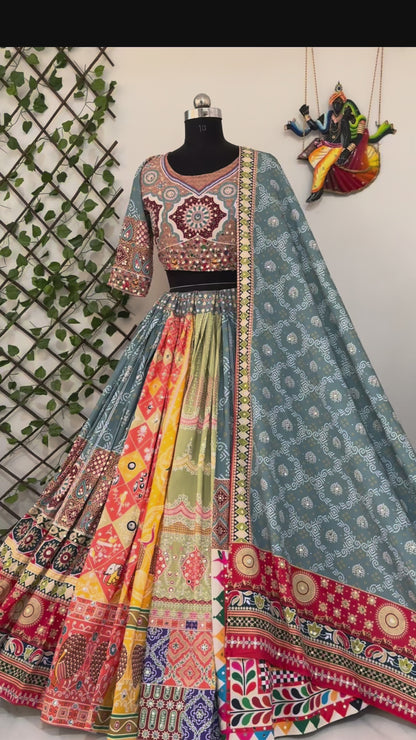 Navratri Special Heavy Muslin Cotton Chaniya Choli with Digital Print & Real Mirror Work