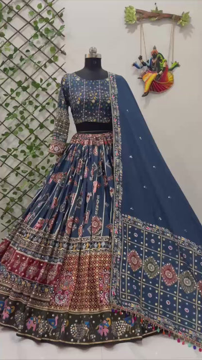 Navratri Special Premium Heavy Muslin Cotton Lehenga with Digital Print, Real Mirror Work & Gotapatti Lace