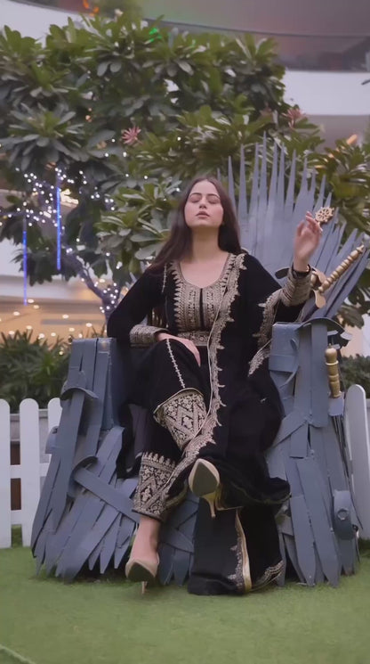 Srk 5017- black velvet suit with heavy embroidery work