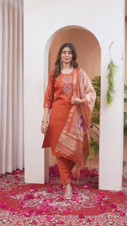 Elegant Straight Kurti Pant Dupatta Set - Viscose Silk with Hand Embroidery - FFdiva 111