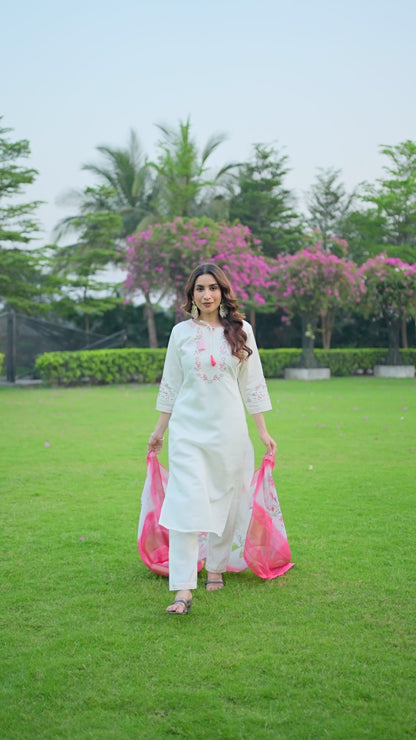 Elegant Viscose Silk Straight Kurti Pant Dupatta Set with Multi Embroidery & Hand Work