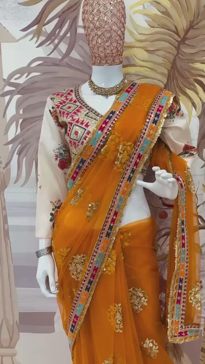 Superhit Butterfly Net Saree with Heavy Embroidery & Fancy Lace Work