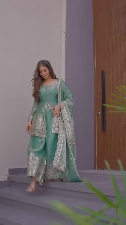 Designer Party Wear Heavy Two Tone Fendy Satin Silk Gown Sharara Set with Embroidery & Real Mirror