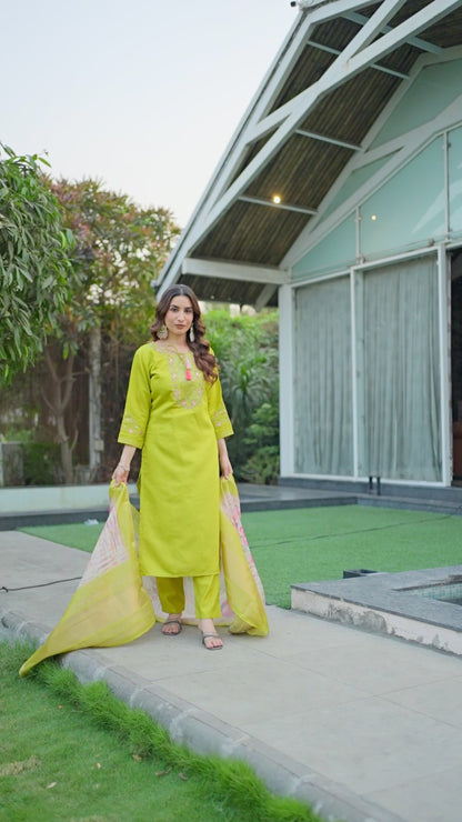 Elegant Viscose Silk Straight Kurti Pant Dupatta Set with Multi Embroidery & Hand Work