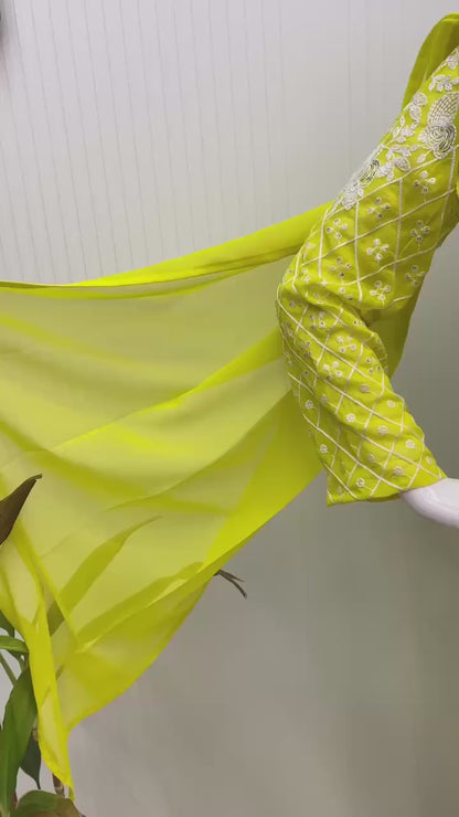 Ready To Wear Ruffles Saree with Long Sleeve Blouse in Lemon Yellow - Georgette with Moti Lace