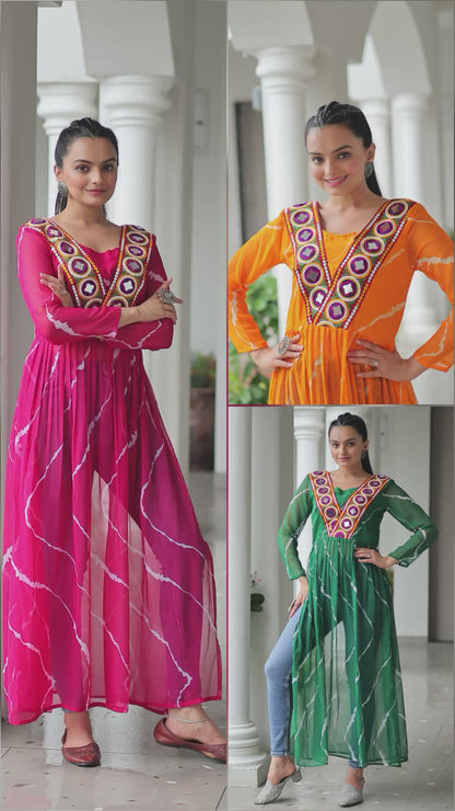 Navratri Collections 2025 Leheriya Print Kurti with Kutchi Patchwork in Faux Georgette