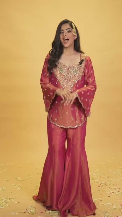 Festive special Designer Flaired palazzo Set with Embellished Kurti & Dupatta in Simar Silk fabric with Embroidery work - FFNSR-852