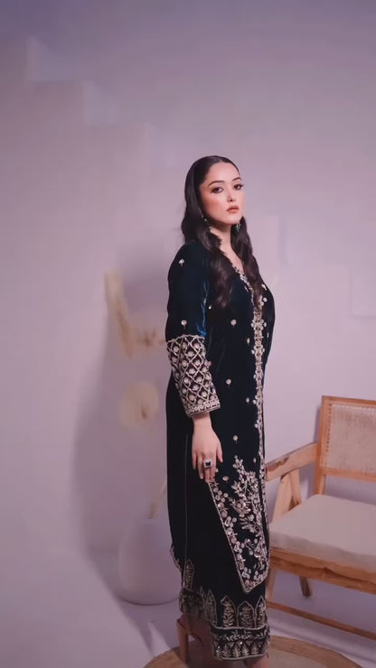 Lc 1153- nevy blue velvet suit with sequence embroidery
