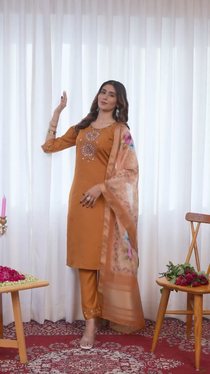 Elegant Straight Kurti Pant Dupatta Set - Viscose Silk with Hand Embroidery - FFdiva 111