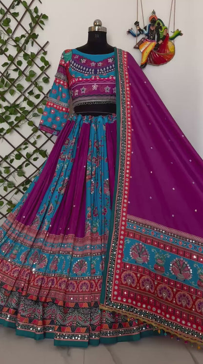 Navratri special Heavy Muslin Cotton Lehenga with Digital Print & Real Mirror Work - Alc 106