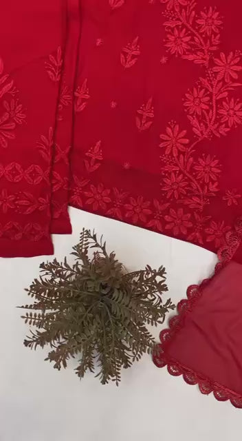 Designer chicken work kurti & pant set with chicken Embroidery work & Dupatta - FFBE-354