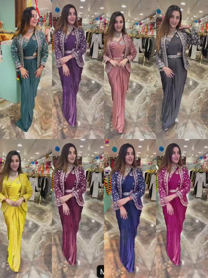 Ready To Wear Diamond Satin Silk Saree with Jacket & Embroidery Belt