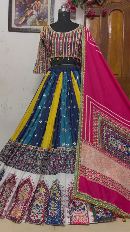 Heavy Muslin Cotton Lehenga with Real Mirror Work & Pompom Lace - ALC 053