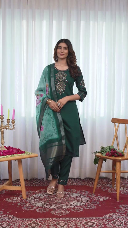 Elegant Straight Kurti Pant Dupatta Set - Viscose Silk with Hand Embroidery - FFdiva 111
