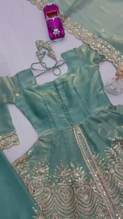 Designer Party Wear Heavy Two Tone Fendy Satin Silk Gown Sharara Set with Embroidery & Real Mirror