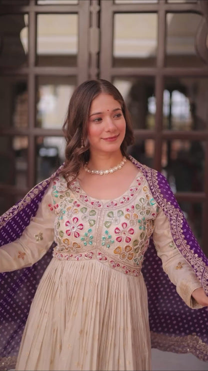 Trending Cosmos Jacquard Gown with Bandhani Printed Embroidered Cut Work Dupatta