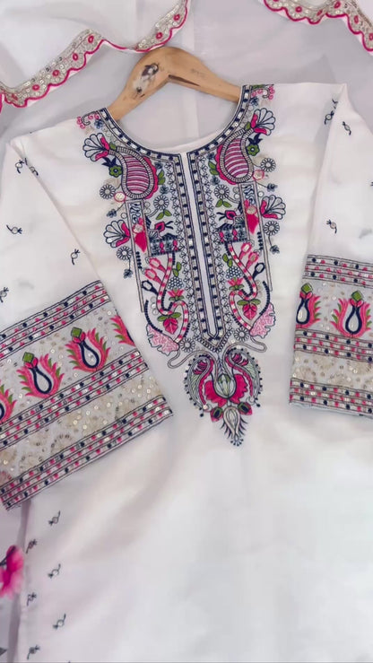 Roman Silk Cotton Kurti-Palazzo Set with Zari, Thread & Sequins Embroidery