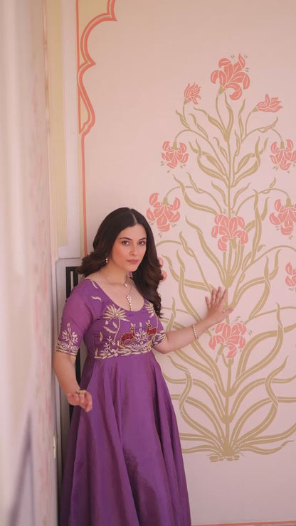 Premium Readymade Designer Gold Crush Gown with Beads Embroidery & Umbrella Flair